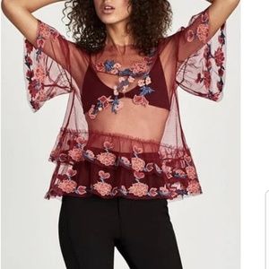 ZARA FLORAL RUFFLE EMBROIDERED TULLE TOP